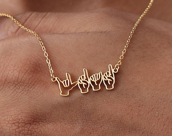 ASL I Love You Necklace | Gold Sign Language Jewelry | Hand Signs Hidden Message Pendant