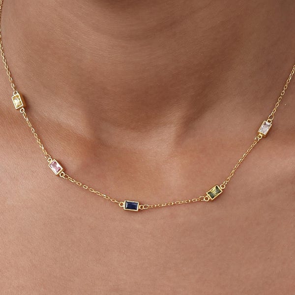 Multiple Baguette Birthstone Necklace | Gemstone Charm Jewelry | Gift for New Mom | Birthday Gifts