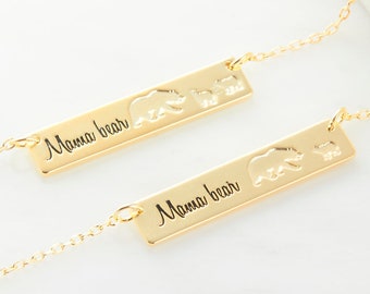 Mama Bear Necklace - Actual Handwriting Jewelry - Meaningful Gift For First Mother Necklace - Personalized Bar Necklace - Gold Bar Necklace