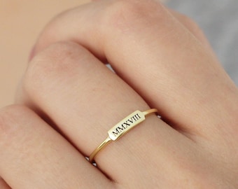 Roman Numeral Bar Ring - Dainty Initial Ring - Engraved Name Jewelry - Custom Dainty Nameplate Ring - Minimalist Ring - Stacking Rings