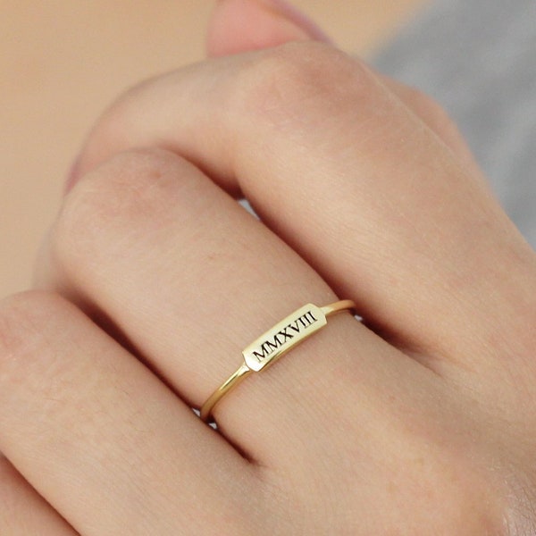 Roman Numeral Bar Ring - Dainty Initial Ring - Engraved Name Jewelry - Custom Dainty Nameplate Ring - Minimalist Ring - Stacking Rings