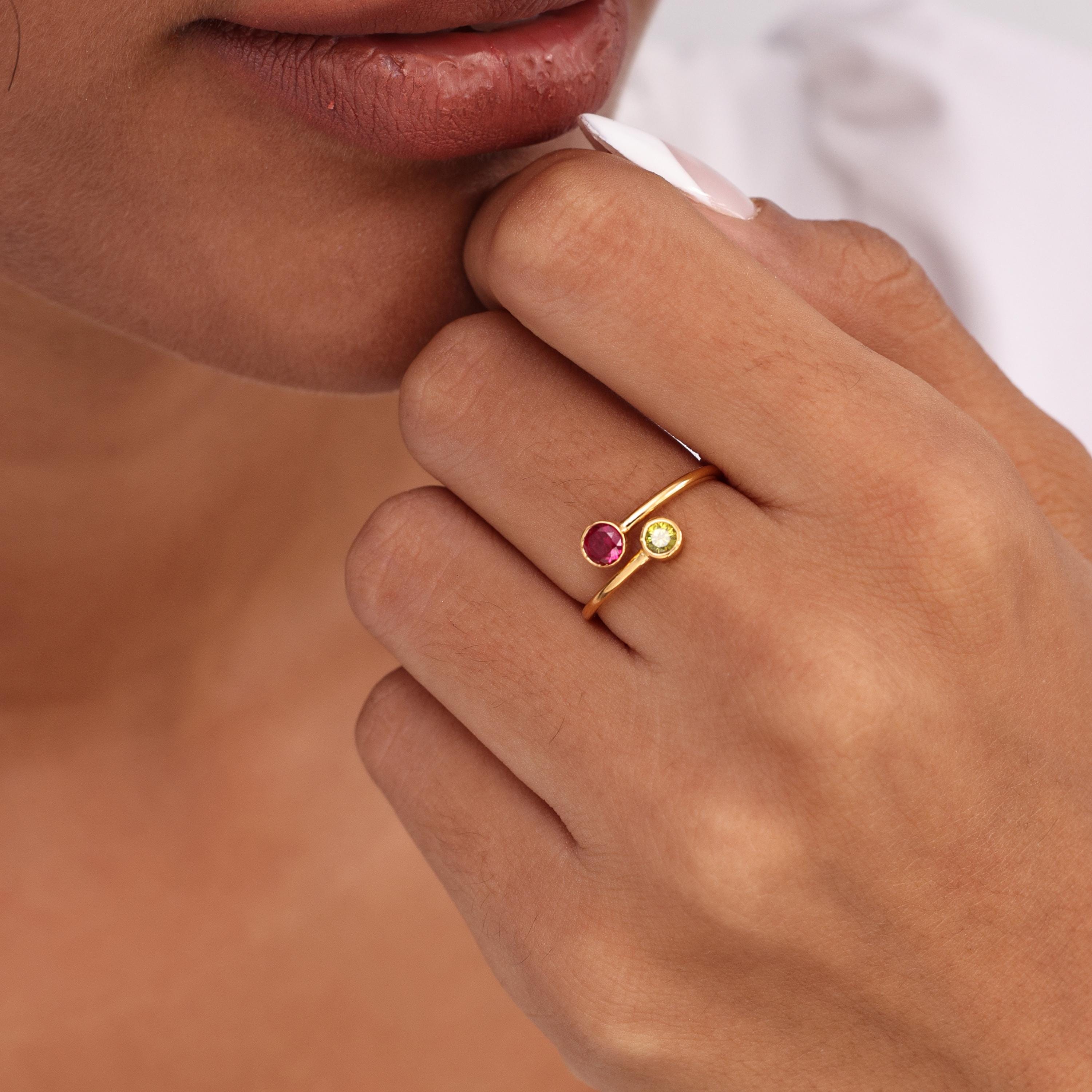 Birthstones Ring Adjustable | Custom Two-Stone Gold Ring | Custom Gemstone Silver Jewelry | Birthday Gift | Stackable Rings For Mom