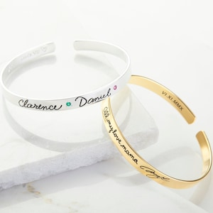 Actual Handwriting Cuff Bracelet - Personalized Birthstone Bracelet - Matching Couple Band - Engraved Cuff Bangles - Valentine Day Gifts