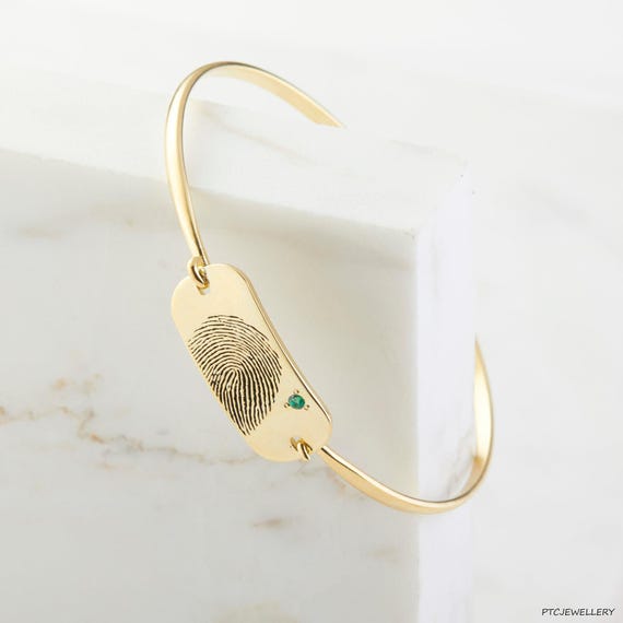 Personalized Fingerprint Bracelet - Custom Keepsake Birthstone - Actual Thumbprint Bangle - Engraved Signature Pendant - Remembrance Gift