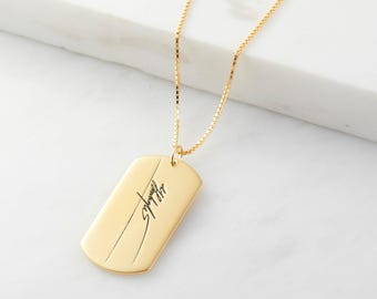 Personalized Father&#39;s Day Gift - Custom Dog Tag Necklace For Men - Customized Fingerprint  Necklace For Him - Actual Handwriting Jewelry