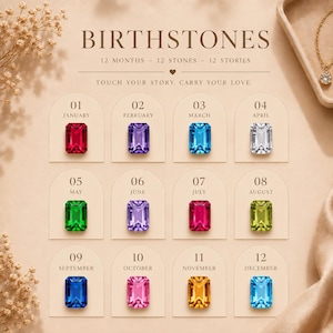 May include: A birthstone chart featuring twelve rectangular gemstones in various colours, labelled by month from January to December. The text reads BIRTHSTONES, 12 MONTHS - 12 STONES - 12 STORIES, and TOUCH YOUR STORY. CARRY YOUR LOVE.
