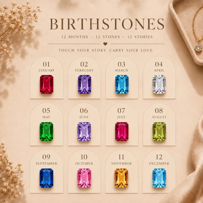 May include: A birthstone chart featuring twelve rectangular gemstones in various colours, labelled by month from January to December. The text reads BIRTHSTONES, 12 MONTHS - 12 STONES - 12 STORIES, and TOUCH YOUR STORY. CARRY YOUR LOVE.
