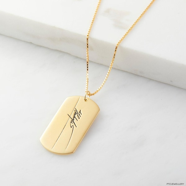 Collar con placa de identificación personalizada para hombre / Joyería personalizada para papá / Colgante con huella dactilar y escritura a mano