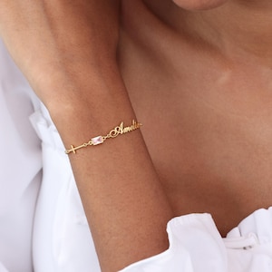 Custom Name Cross Bracelet | Personalized Gold Bracelet With Birthstone | Christian Jewelry Gift for Mom | Religious Gift