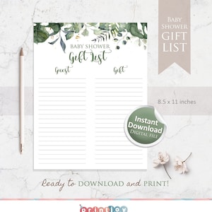 Greenery Gift Tracker for Baby Shower with floral | Baby Shower Tracker, Gift List or Gift Log to help organize presents | Instant download