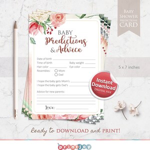 Prédictions de bébé, jeux de douche de bébé, cartes de conseils de bébé, douche de bébé fille, conseils et souhaits, signe de table, idées de douche de bébé, téléchargement immédiat
