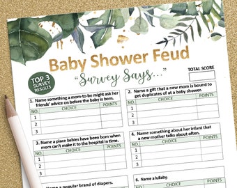 Baby Shower Feud Game, Baby Shower games, Family friendly feud, Printable game, Greenery baby shower, Baby shower girl, Baby shower boy