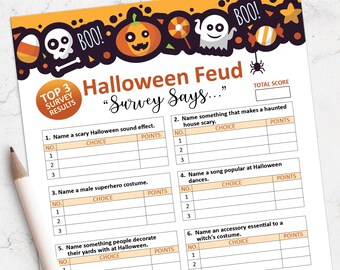 May include: A printable Halloween game with the title "Halloween Feud" and the text "Survey Says..."  The game is a survey asking players to name things related to Halloween, such as scary sounds, haunted house features, and Halloween songs. Players write their answers in the spaces provided and earn points for each correct answer.
