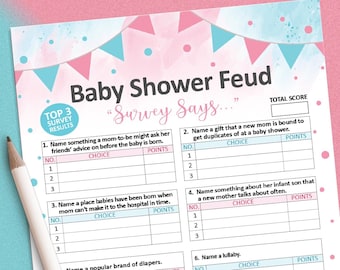 Könsavslöjande spel, Babyshower-fejdspel, Könsavslöjande idéer, Babyshower-spel, Utskrivbart spel, Rosa och blått, Vänskaplig fejd