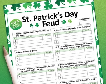 St patricks day game, Feud Game, Saint patricks day, Saint pattys day, Printable games, Adult party games, party games, bar games