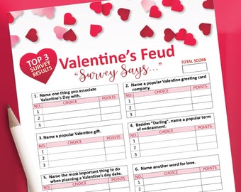 Valentine's Day games, Friendly Feud game, Printable games, Valentine games, Galentine's Day games,  Valentines games, Party games