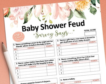 Baby Shower Feud Game, Baby Shower games, Afdrukbaar spel, Baby shower meisje, Floral baby shower, Baby shower ideeën, Digitale download
