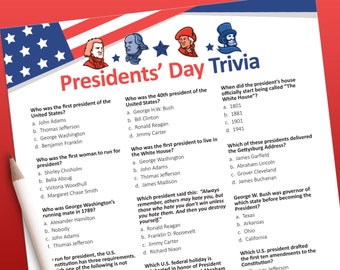 Presidents day trivia game, Presidents day game, US presidents game, printable games, adult party games, Presidential learning game