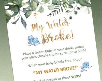 My water broke game, Printable baby shower games, Baby shower sign, Greenery baby shower, Jungle baby shower, Fun baby shower activity