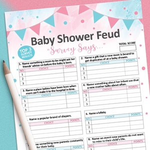 Gender reveal games, Baby Shower Feud Game, Gender reveal ideas, Baby Shower games, Printable game, Pink and blue, Friendly feud