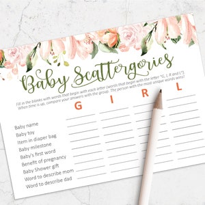 Baby Shower Scattergories, Juego Scattergories para baby shower de niña, Juegos de Baby Shower imprimibles, Descarga instantánea