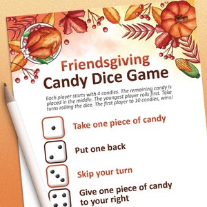 Friendsgiving games, Friendsgiving Candy Dice game, Thanksgiving friends, Friendsgiving decor, Printable games, Friends thanksgiving