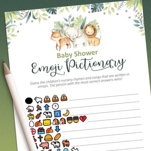 Baby Shower Emoji Pictionary, Baby emoji pictionary, Baby Shower Games, Safari baby shower, Baby shower ideas, Jungle baby shower