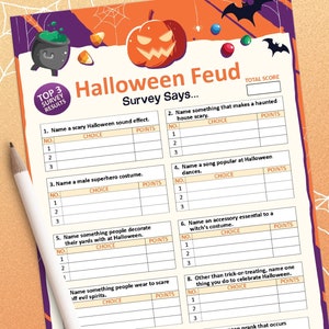 May include: A Halloween-themed game with a pumpkin graphic and the text "Halloween Feud: Survey Says..." The game includes questions about Halloween traditions, costumes, and music. Players choose their answers and earn points.
