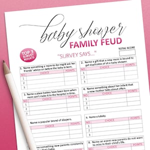 Pink Baby Shower games, Baby Shower Feud Game, Printable game, Girl baby shower, Baby girl shower, Baby shower girl, Instant download