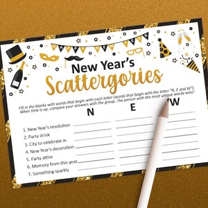 NYE games, Scattergories game, New years eve games, New years party, New years games, Printable games, Holiday party