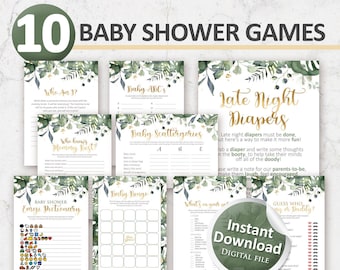 Greenery baby shower games bundle with gold | Baby Shower Games Package