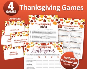 May include: A set of four printable Thanksgiving games including Charades cards, Thanksgiving Trivia, Thanksgiving Feud, and Thanksgiving Scattergories. Each sheet features a white background with a colorful border of autumn leaves, acorns, pumpkins, and pies, with clear black text and lines for writing answers.