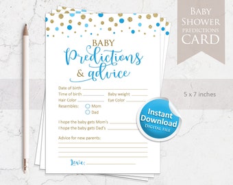 Baby Predictions Card for Boy Baby Shower | Printable Baby Shower Advice Card where guests can guess baby statistics | Blue and Gold