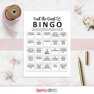 Bruidsbingospel vind de gast bingo vrijgezellenfeest bingo afdrukbare vrijgezellenfeestspellen zoek iemand die bingokaarten vind de gast die