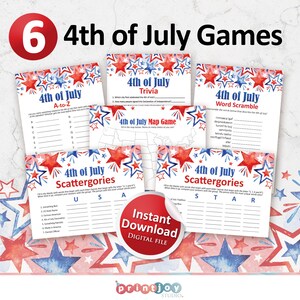 Paquete de juegos imprimibles del 4 de julio, divertidos juegos del cuatro de julio para la fiesta del día de la Independencia, descarga instantánea