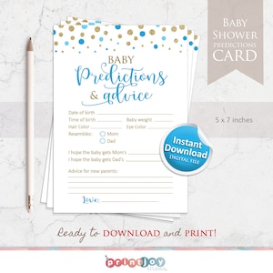 Kaart babyvoorspelling voor jongensbabyshower | Afdrukbare babyshoweradvieskaart waarop gasten babystatistieken kunnen raden | Blauw en goud