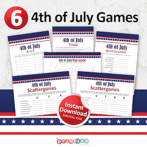 Paquete de juegos imprimibles del 4 de julio, juegos de fiesta del cuatro de julio para el día de la Independencia, descarga instantánea