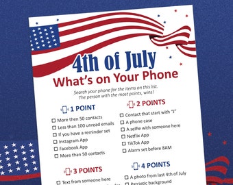 Whats on your phone game, 4th of July games, Whats in your phone, Printable games, Fourth of July, Phone scavenger hunt, Party games