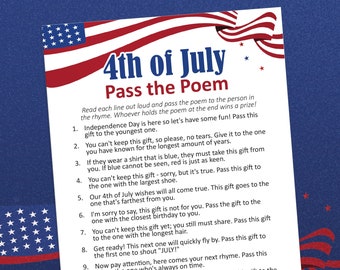 Pass the present, 4th of July, Fourth of July games, Pass the gift game, Independence Day, Pass the parcel, Left right poem, Printable games