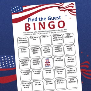 Vind de gastbingosjabloon, 4 juli, ijsbrekerspellen, patriottische spellen, gezelschapsspellen voor volwassenen, afdrukbare spellen, vind het gastspel