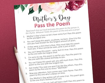 Mother's Day adult games, Pass the gift poem, Mothers Day printables, pass the parcel, Mothers Day brunch, Pass the present, Left right poem