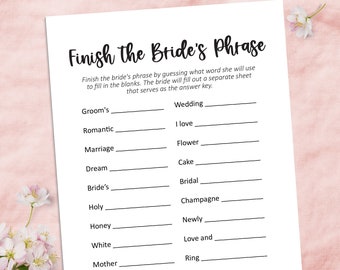 How well do you know the bride, finish the phrase, printable bridal shower games, who knows the bride best game,  bridal games, party games