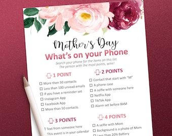 Mother's Day printable, What's on your phone game, Mother's Day games, What's in your phone game, Phone scavenger hunt, Mother's Day brunch