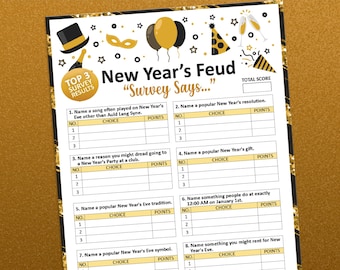 New year party games, Family Feud game, New years games, New years eve games, NYE games, Printable games, Games for adults, Adult games