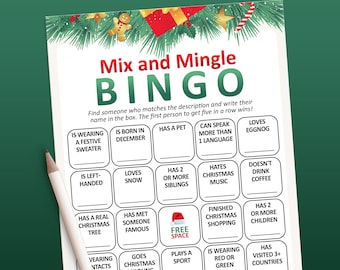 Mix and Mingle Bingo, Christmas Bingo cards, Find the guest bingo, Work holiday bingo, Jingle and mingle, Workplace bingo, Human bingo