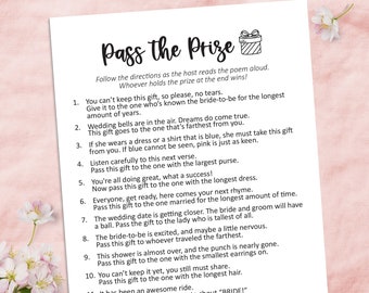 Pass the gift game, pass the prize game, left right bridal shower game, printable bridal shower games, pass the gift poem gift exchange game