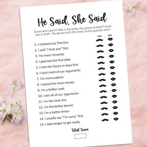 He said she said bridal shower game, printable bridal shower games bridal shower ideas, bridal party games for adults, wedding shower games