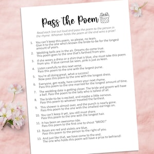 Pass the poem bridal shower game, pass the gift game, printable bridal shower games, pass the gift poem, pass the prize gift exchange game