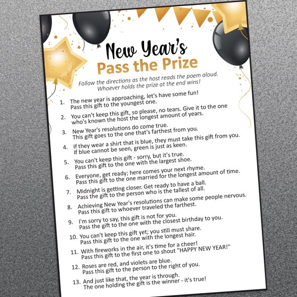 Pass the gift game, NYE games, Gift exchange game, Pass the parcel, Group games, Pass the prize, Games for adults, New years games printable