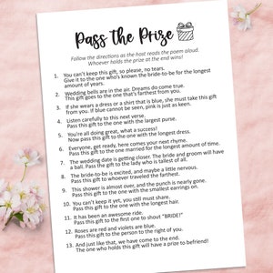 Pass the gift game, pass the prize game, left right bridal shower game, printable bridal shower games, pass the gift poem gift exchange game
